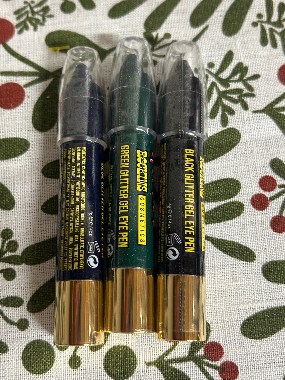 ROCKINS Cosmetics Hot Mess Threesome Glitter Gel Eye Shadow Pen Black Blue Green - Picture 4 of 6